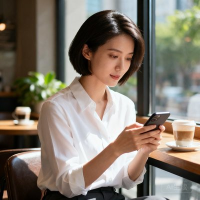 一位28岁左右的年轻女性，留着干练短发，穿着简约白色衬衫，坐在咖啡厅靠窗位置，手持手机查看资讯，展现现代职业女性的专业形象