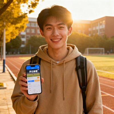 一位22岁的大学男生，穿着连帽卫衣，背着双肩包站在校园操场边，手拿手机展示开云体育APP界面，阳光洒在他的脸上，充满青春活力
